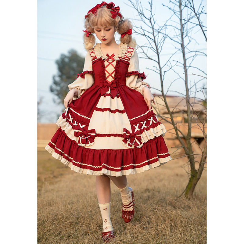 Robe Lolita à lacets avec nœud rouge et décoration