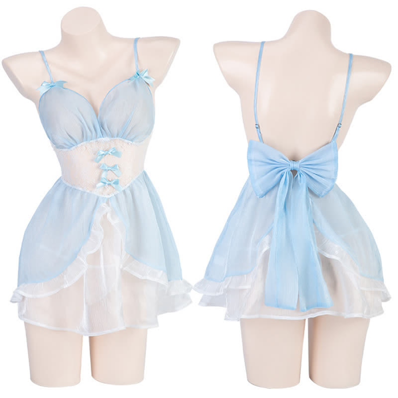 Fairy Blue Maid V-neck Slip Lingerie Dress Stockings Set