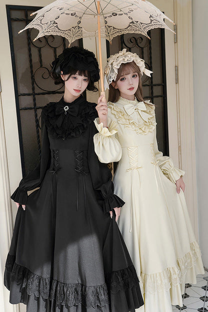 Stand Collar Gothic Dress with Long Sleeves and Lace-Up Ruffled Bow - Letters & Poems · Day and Night