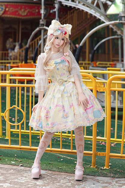 Macarons Dolly House Square Collar Sleeveless Print Bow Sweet Lolita JSK in Yellow