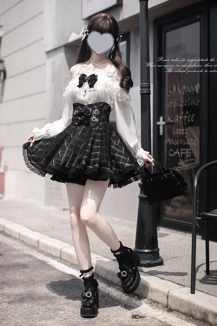 Black Plaid Bow Sweet Japanese Skirt