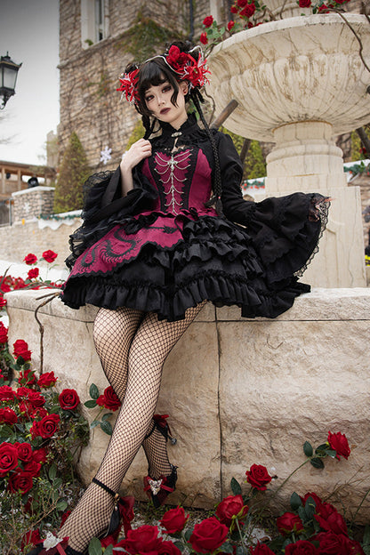 Multi-Layered Asymmetric Gothic JSK Dress with Lace and Bow