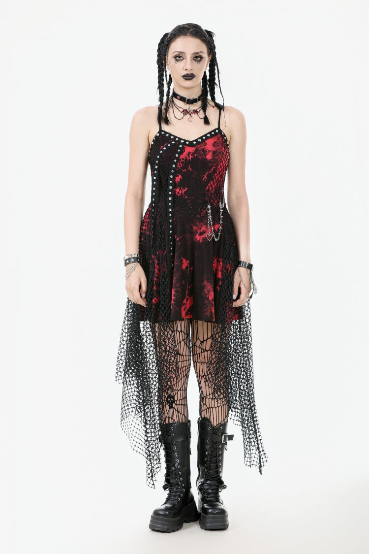 Scarlet Sleeveless Mesh Hem Asymmetrical Tie-Dyed Slip Dress