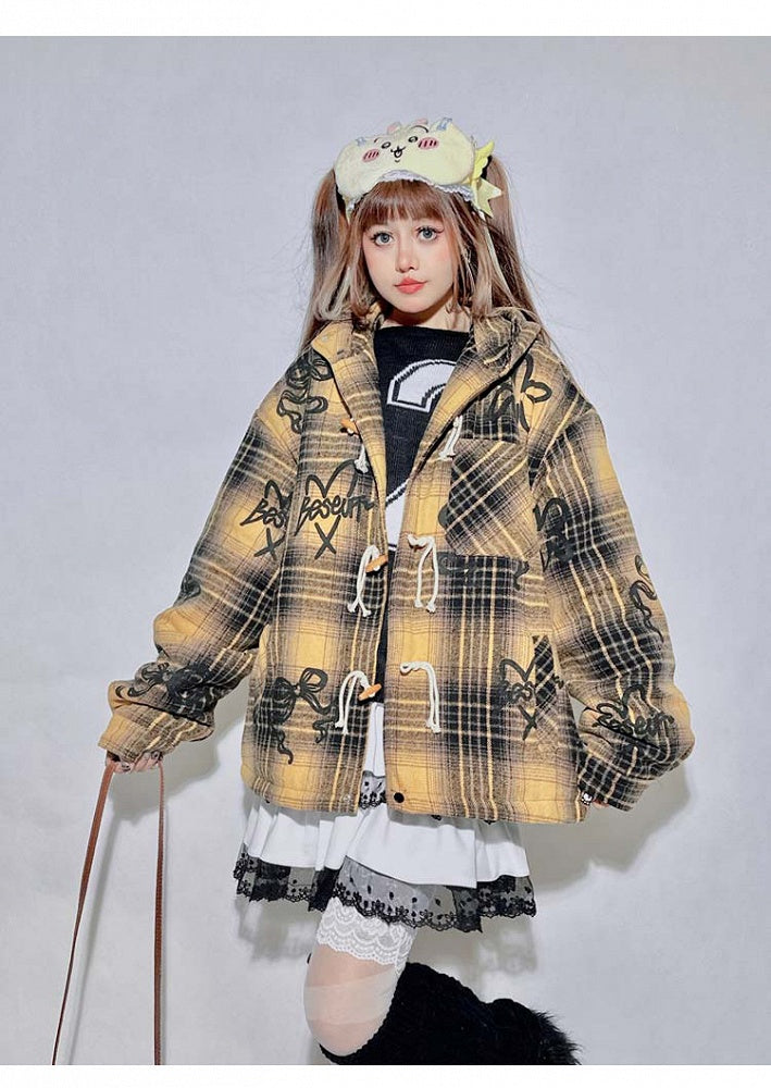 Yellow Brown Plaid  Bow Hooded Coat