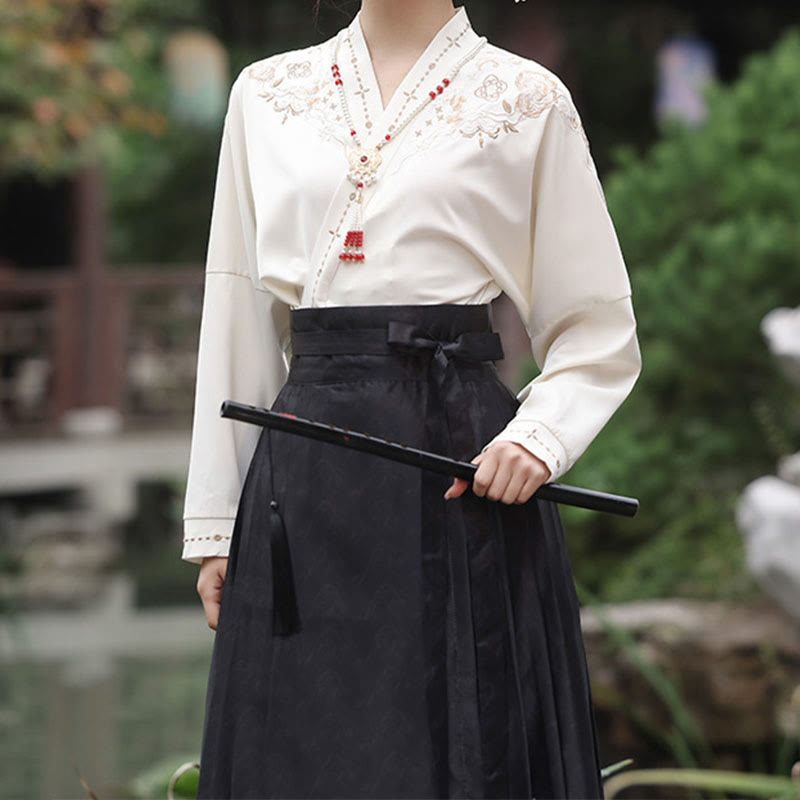 Elegant V-neck Long Sleeve Shirt Vintage Print Pleated Skirt