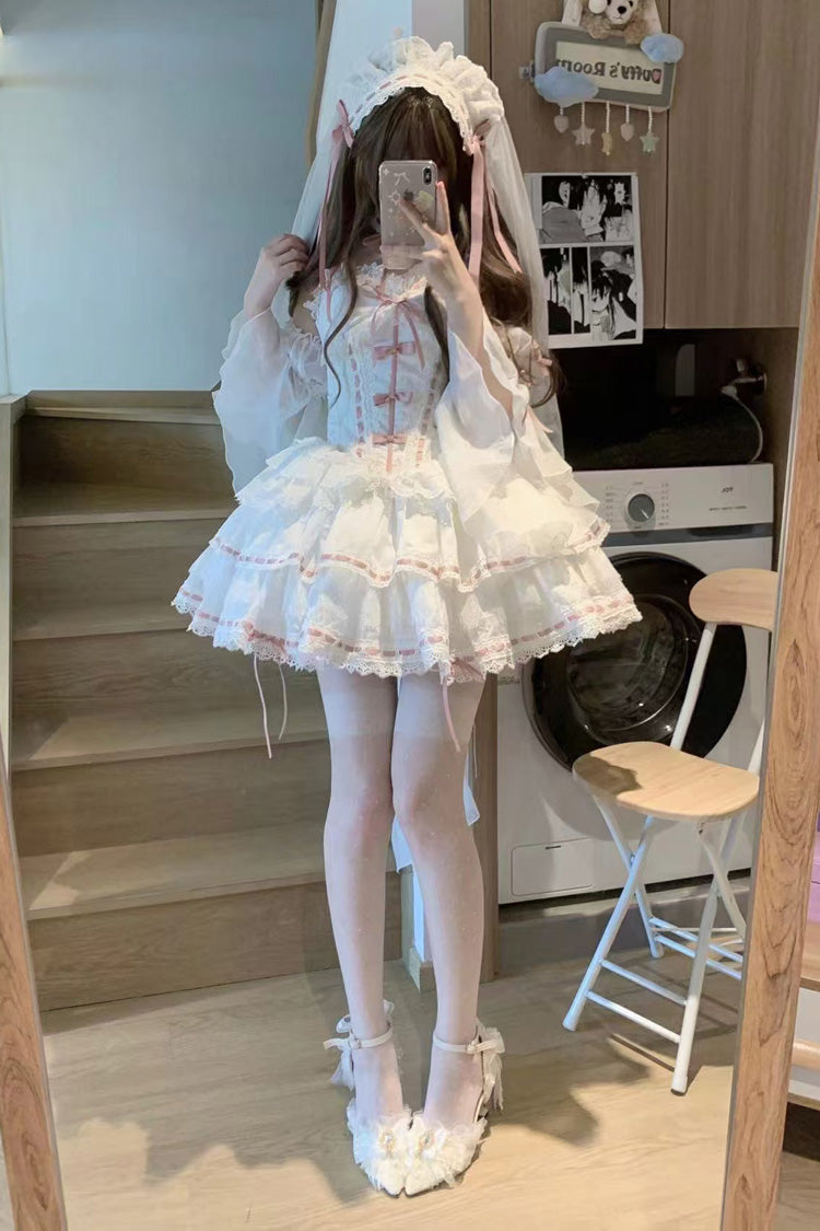 White Little Love Song Detachable Flared Sleeves Ruffle Bow Lace Sweet Set