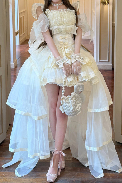 Mousse Love Song Off-Shoulder Sleeveless Triple-Layered Ruffled Hanayome Bow Sweet Elegant Ballet Lolita Short Dress Set in Beige