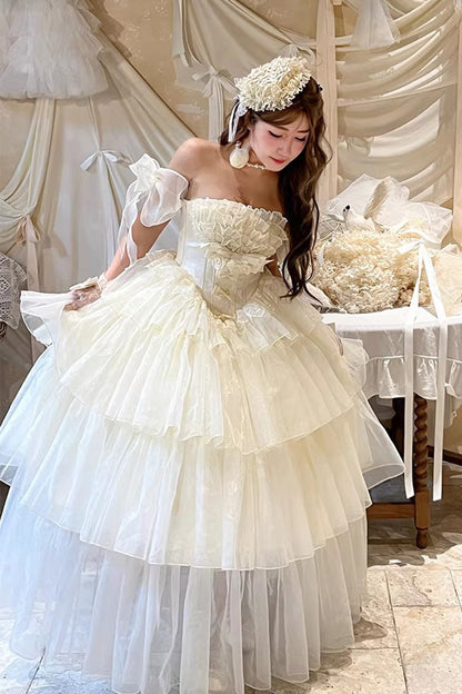 Mousse Serenade Triple-Layered Ruffled Hanayome Bow Lace Sweet Princess Lolita Strapless Dress in Beige