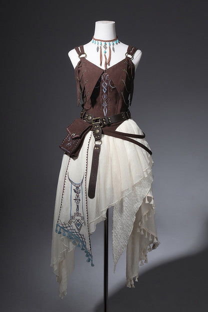 Brown White Dune Shadow Seeker Sleeveless Ruffle Embroidered Irregular Vintage Lolita Skirt Set