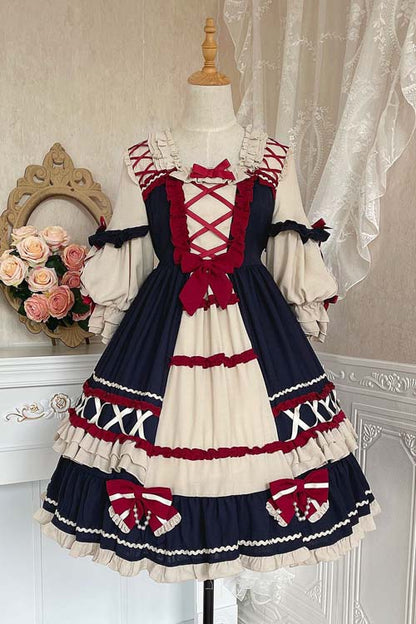 Sweet Lolita OP Dress with Square Neck and Ruffled Long Sleeves