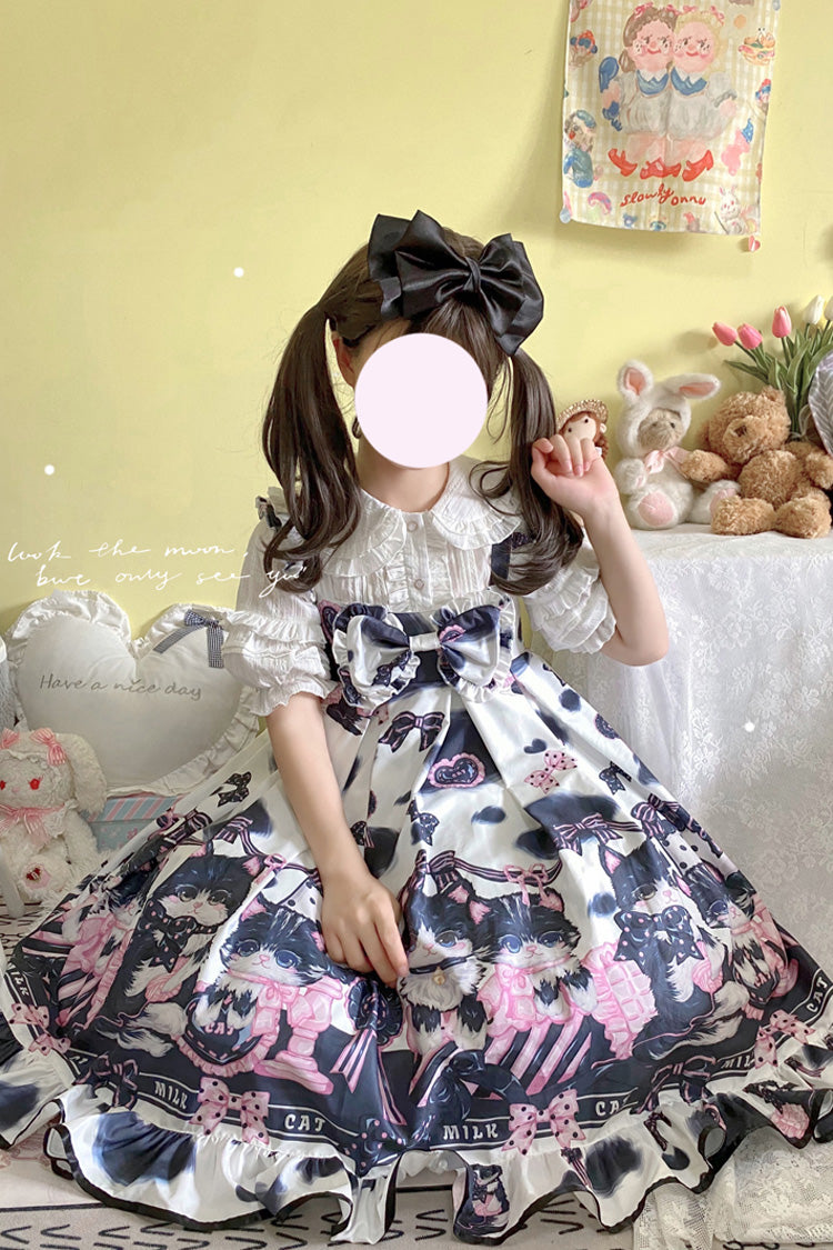 Cow Cat Print Ruffle Ribbon Sweet Lolita Jumper Dress