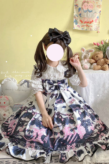 Cow Cat Print Ruffle Ribbon Sweet Lolita Jumper Dress
