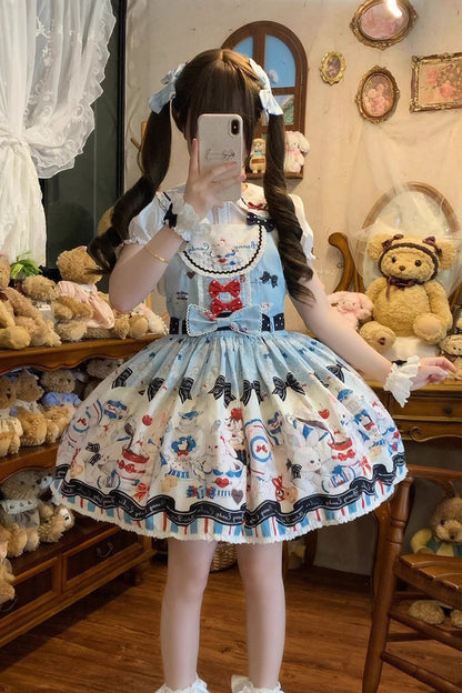 Sleeveless Bow-Trimmed Lace Strap Dress with Print