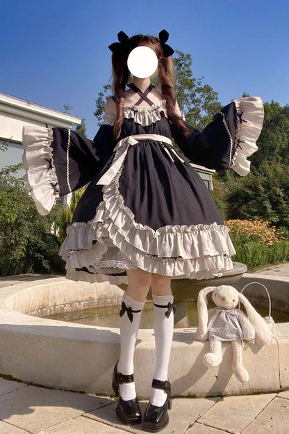 High-Waisted Asymmetric Ruffled Bowknot Gothic JSK