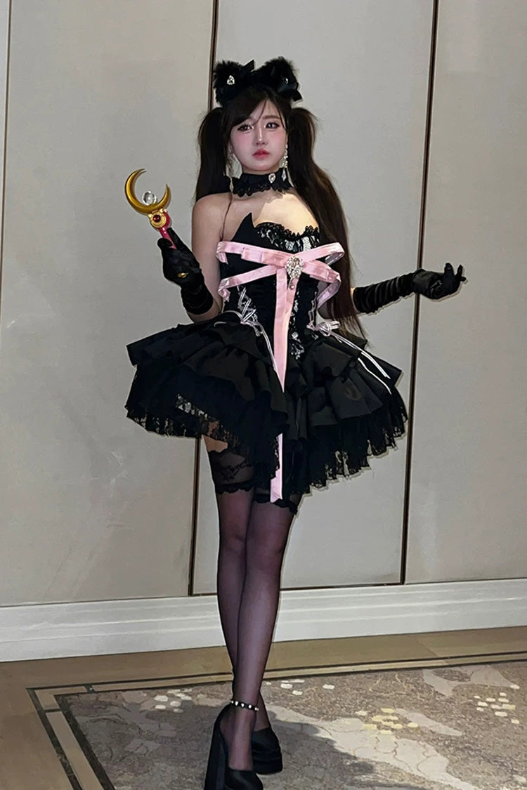 Kitten Sweetheart Multi-Layered Ruffled Bow Lace-Up Princess Ballet Gothic Lolita Jsk Dress