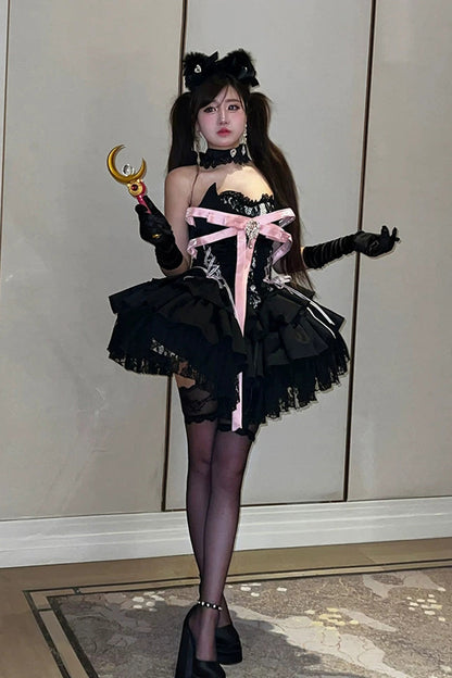 Kitten Sweetheart Multi-Layered Ruffled Bow Lace-Up Princess Ballet Gothic Lolita Jsk Dress
