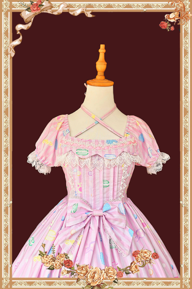 Rose Square Collar Short Puff Sleeve Bow Print Sweet Lolita Gown - Macarons Dolly House