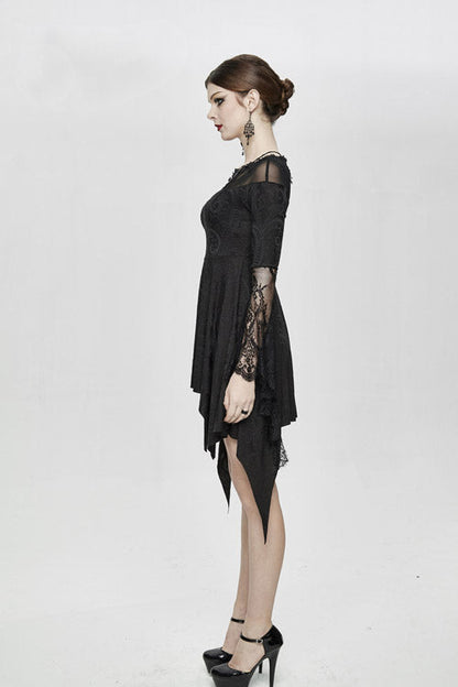 Gothic Women's Off-Shoulder Knit Dress with Horn Sleeves and Lace Trim