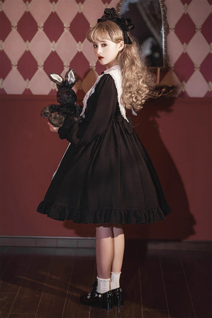 Classic Gothic Elegant Nun Dress with Long Sleeves and Ruffled Bow