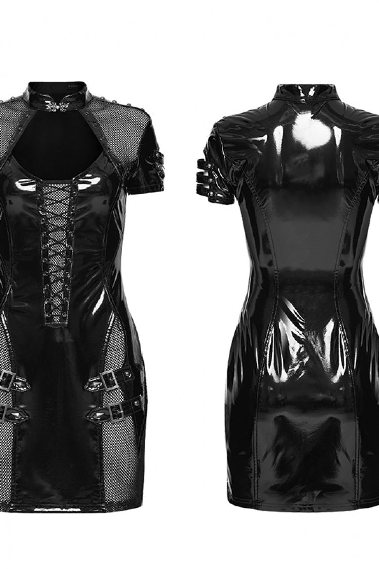 Stand Collar Short Sleeve Spliced Lace-Up Slim Mesh Buckled Punk Dress