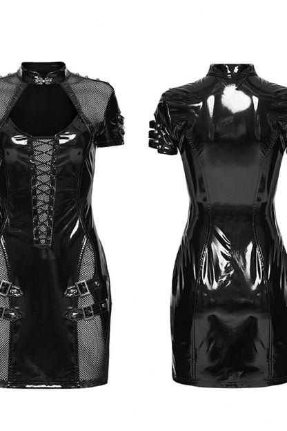 Stand Collar Short Sleeve Spliced Lace-Up Slim Mesh Buckled Punk Dress