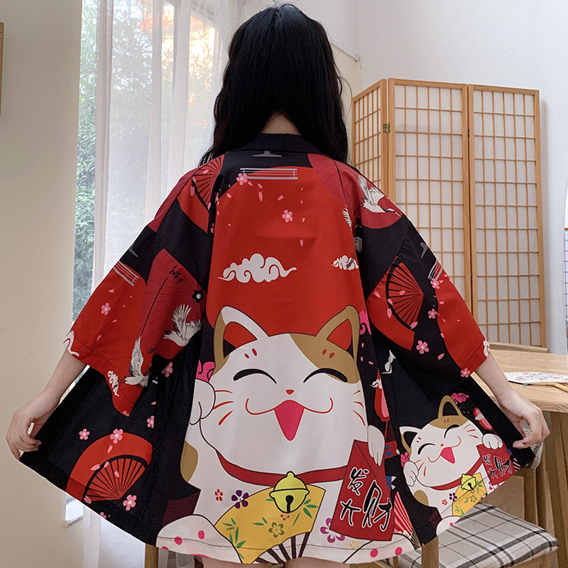 Cardigan kimono rouge à imprimé chat porte-bonheur animé