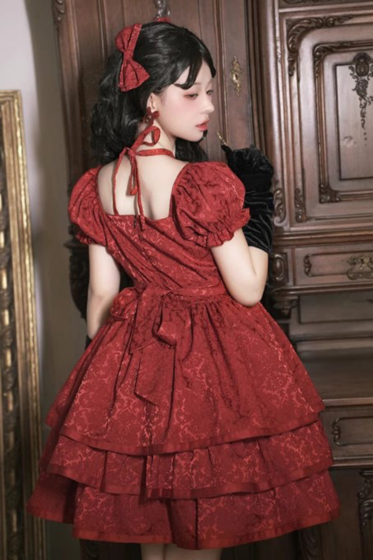 Crimson Thorned Rose Short Sleeve Multi-Layer Ruffle Bow Princess Lolita Dress