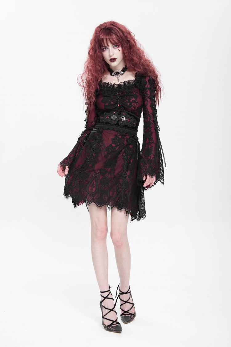 Square Collar Long Sleeve Floral Lace Lace-Up Gothic Dress