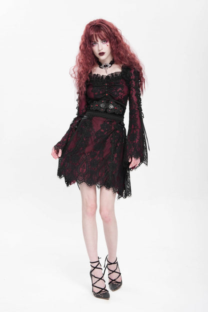 Square Collar Long Sleeve Floral Lace Lace-Up Gothic Dress