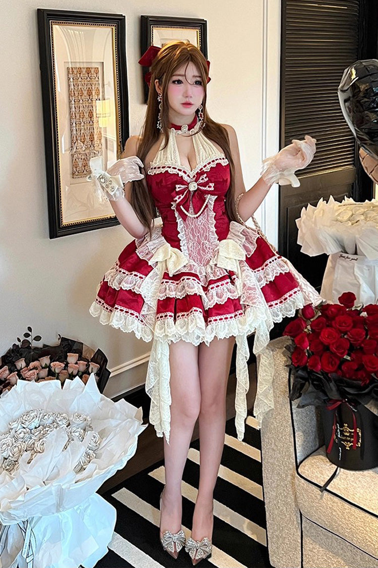 Beloved Young Lady Halterneck Sleeveless Double-Layered Ruffle Lace Dress