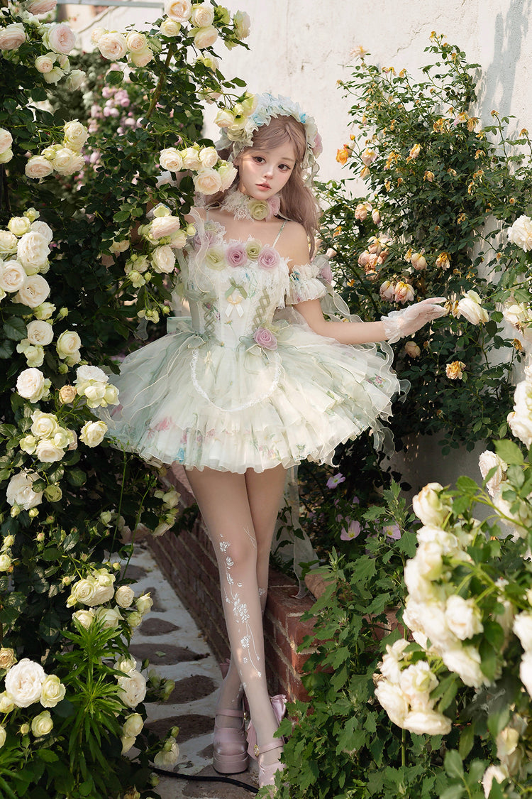 Emerald Layered Fishbone Lace-Up Lolita JSK - Spring Rose