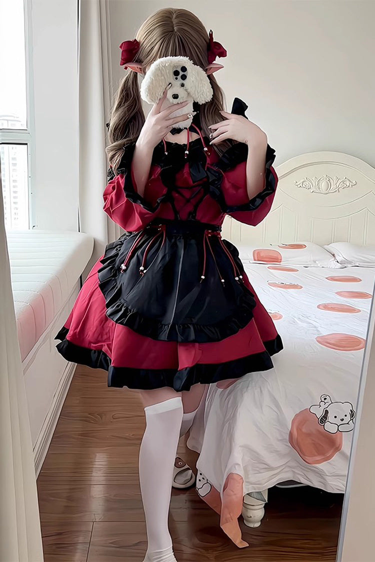 Black and Crimson Maid Long Sleeves Ruffle Bow Gothic Lolita Ensemble