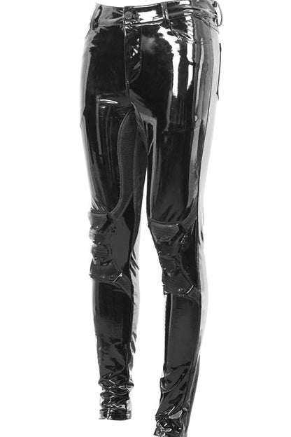 Dark Shiny Faux Leather Skinny Pants with Kneepad