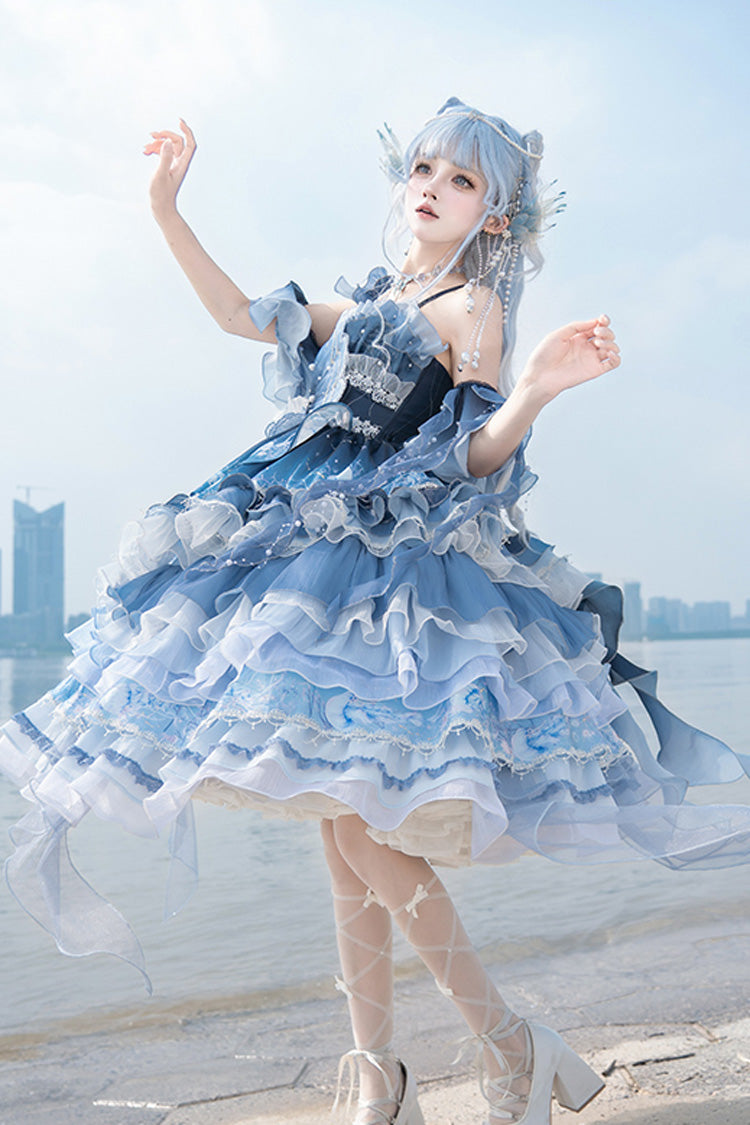 Gradient Printed Ruffled Embroidered Bow Lace Asymmetric Sweet Elegant Lolita JSK