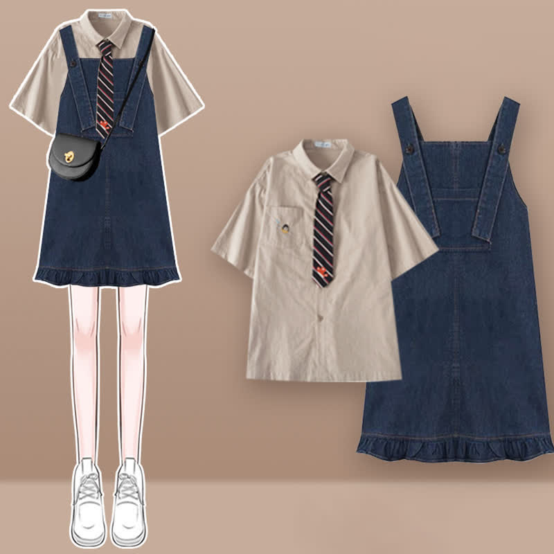 Denim Set Pocket Dress T-Shirt Lapel Overall Tie