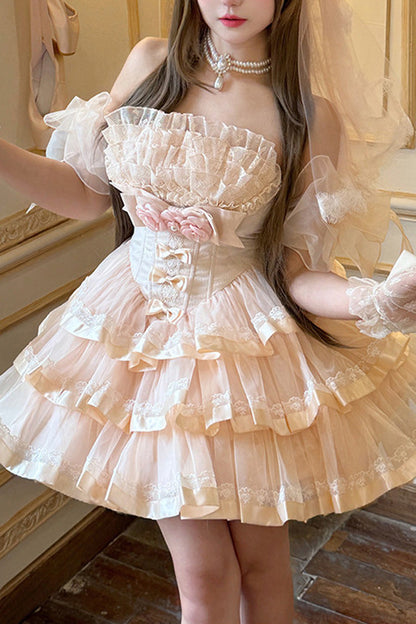 Rose Mousse Love Song Off Shoulder Sleeveless Triple Ruffled Bride Bow Elegant Ballet Short Set
