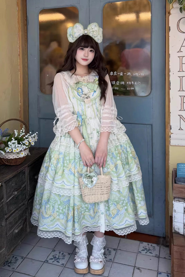 Ivory Green Lily of the Valley Perfume Pearl Candy Tea Doll Collar Sleeveless Print Lace Plus Sweet Lolita JSK
