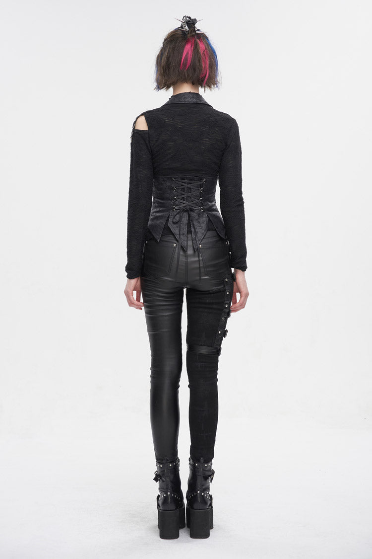 Lace-Up Black Asymmetric Gothic Vest with Detachable Collar