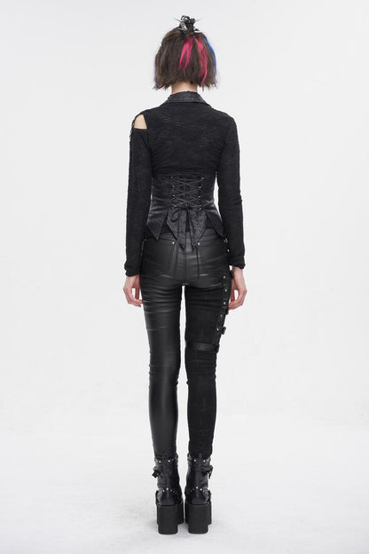 Lace-Up Black Asymmetric Gothic Vest with Detachable Collar