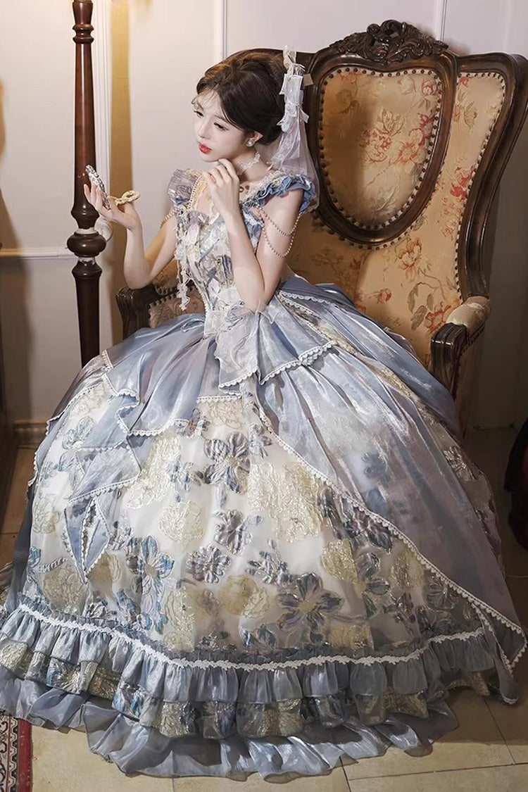 Off Shoulder Short Sleeve Printed Ruffled Embroidered Bow Lace-Up Sweet Princess Lolita Dress
