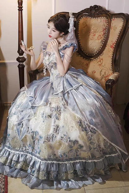 Off Shoulder Short Sleeve Printed Ruffled Embroidered Bow Lace-Up Sweet Princess Lolita Dress