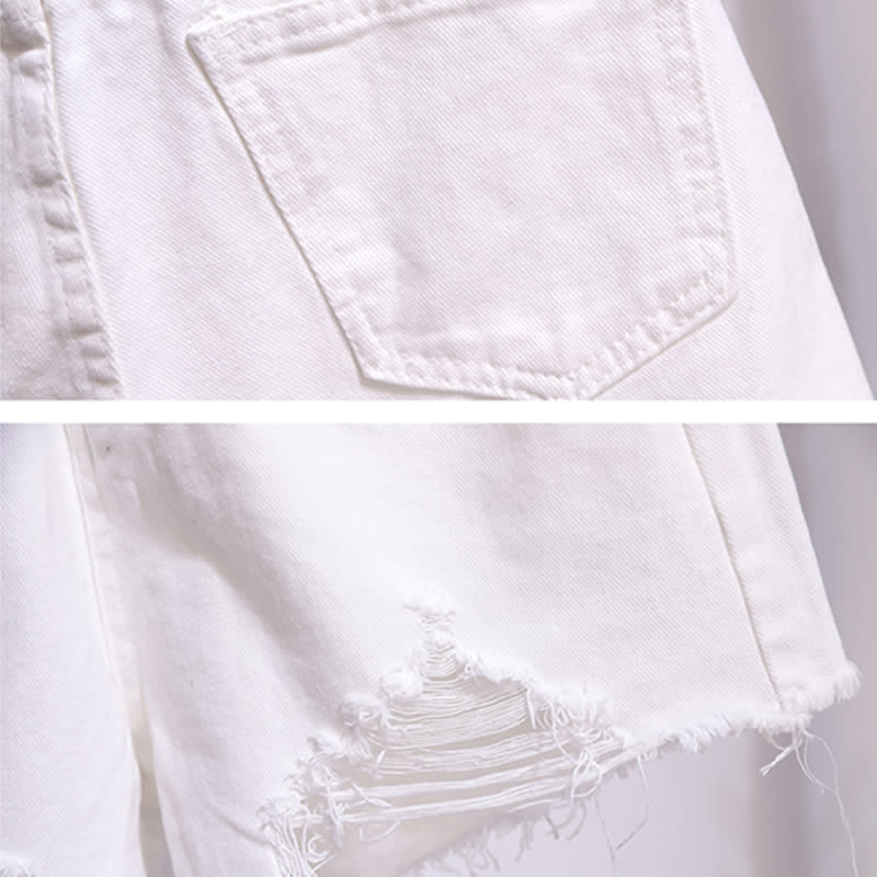 Chic Shorts Pocket Lapel T-Shirt Stripe Denim Ripped