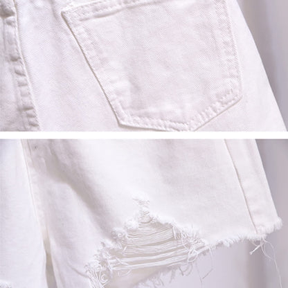 Chic Shorts Pocket Lapel T-Shirt Stripe Denim Ripped