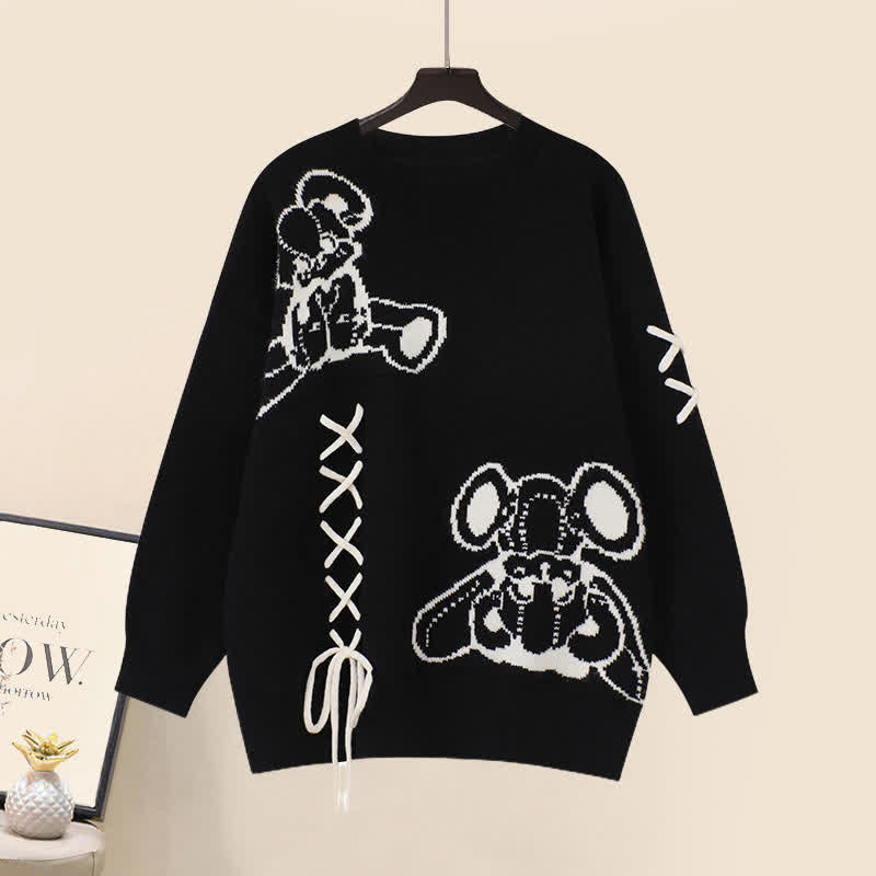 Cartoon Bear Lace Up Sweater Pleated Skirt Two Pieces Set