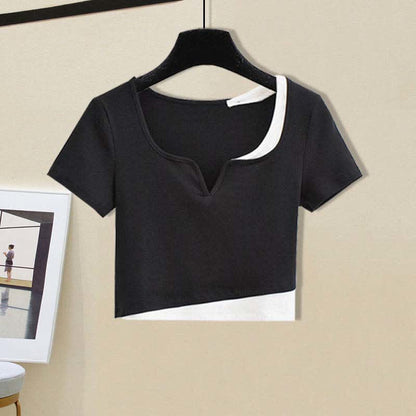 Two Colorblock Set Casual Top Crop Pieces Pants T-Shirt