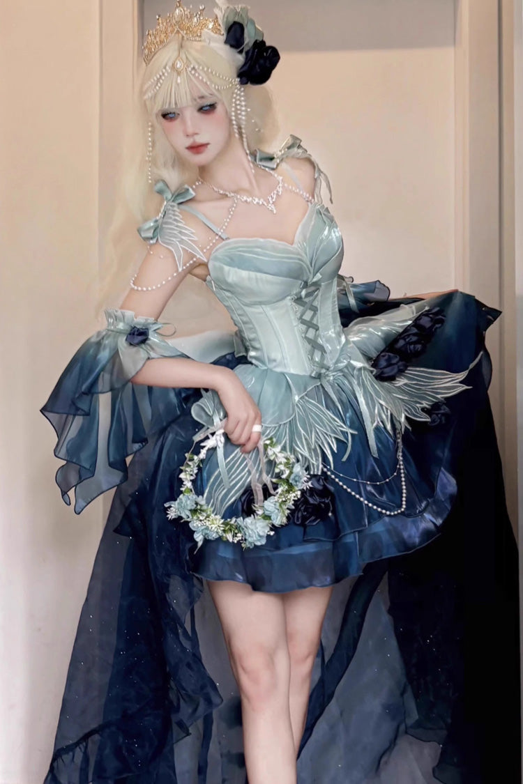 Undersea Blue Sweet Ballet Lolita Swan Wonderland Embroidery Lace-Up Mini JSK Dress