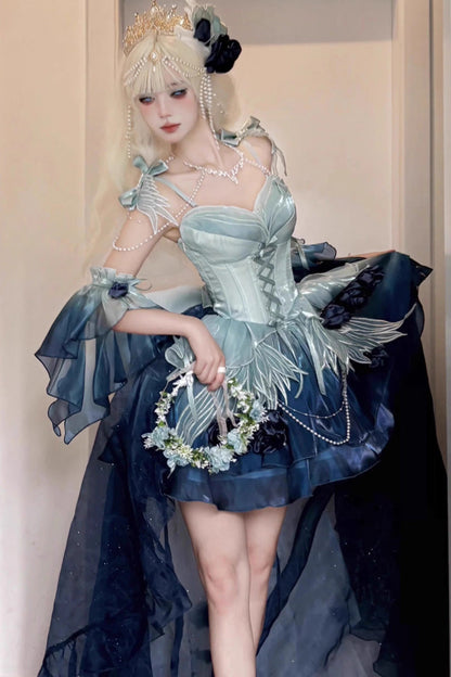 Undersea Blue Sweet Ballet Lolita Swan Wonderland Embroidery Lace-Up Mini JSK Dress
