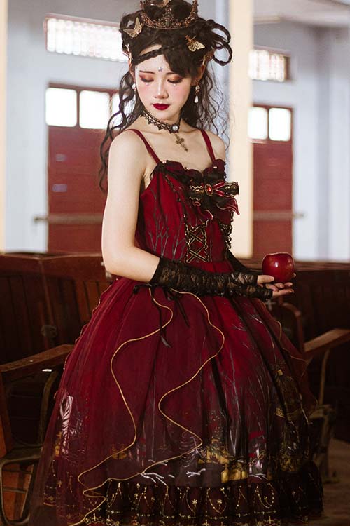 Red Chiffon Gothic Lolita JSK Dress with Forest Motif
