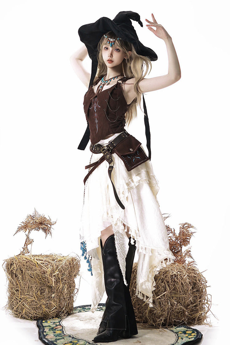 Brown White Dune Shadow Seeker Sleeveless Ruffle Embroidered Irregular Vintage Lolita Skirt Set