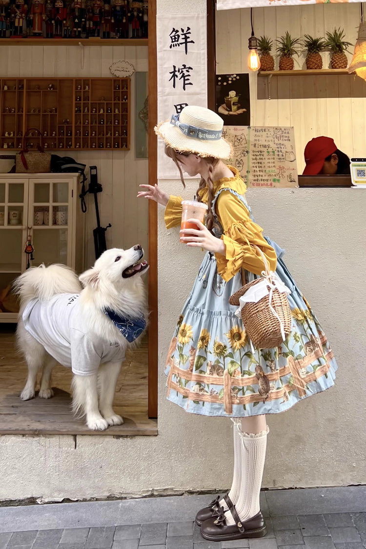 Sunflower-Print Bow-Adorned Sweet Lolita JSK Dress in Two Tones